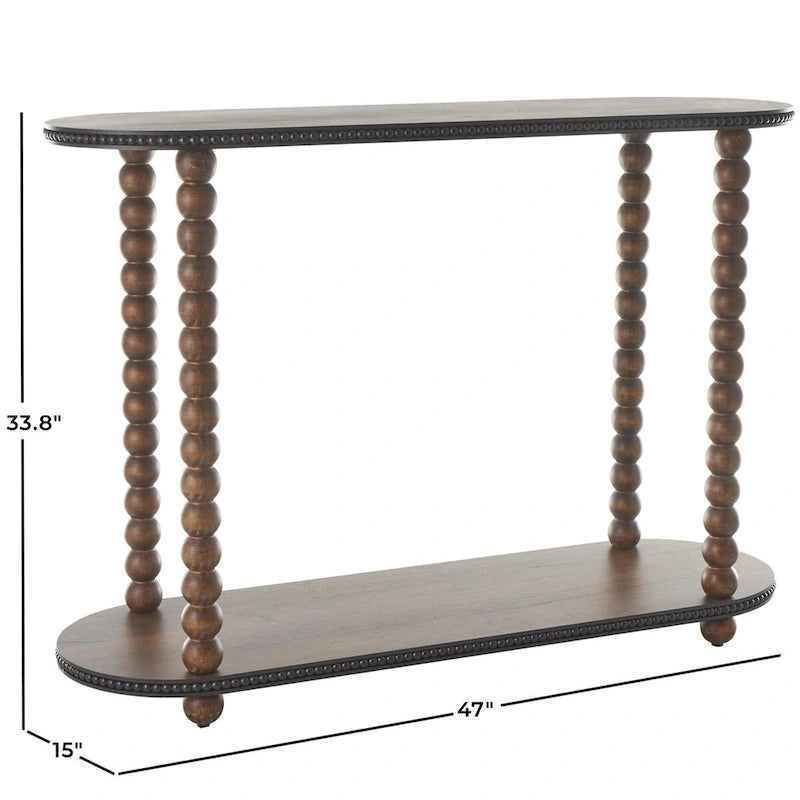 Ovale Konsolentisch aus Holz mit Spindeldetails, Perlenkanten und 1 Ablage - Braun